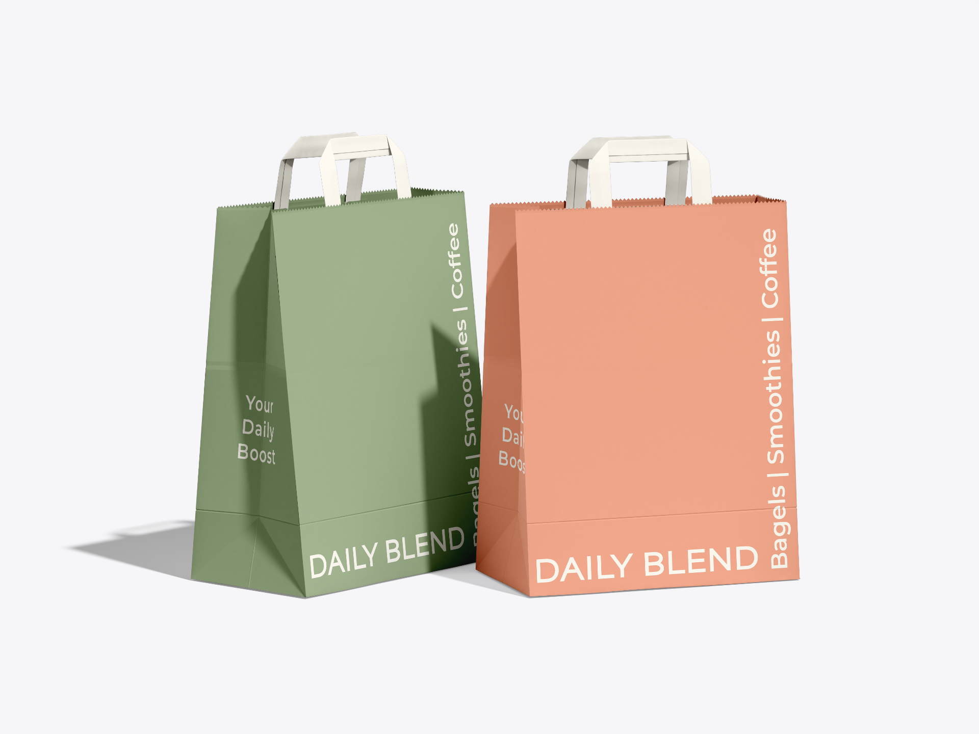 Daily Blend takeaway bags in sage green and peach